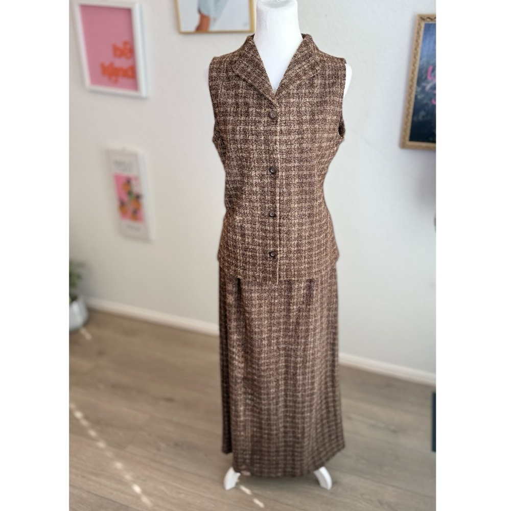 Crazy Horse Liz Claiborne Vintage Brown Checkered Tweed Skirt Set Both M EUCs!